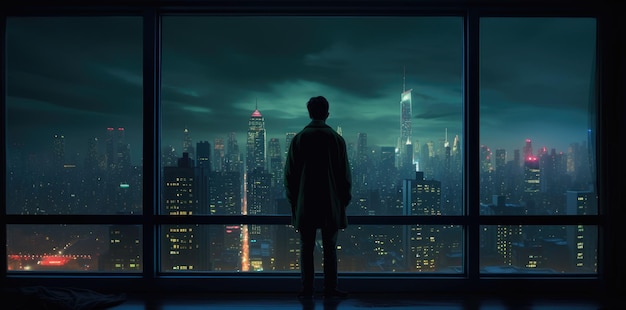 Um homem está em frente a uma janela olhando para uma paisagem urbana.