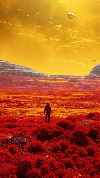 Um homem está em frente a uma montanha com um fundo vermelho.