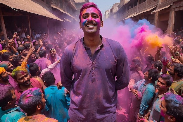 Um homem está em frente a uma multidão de pessoas com um pó de holi no ar