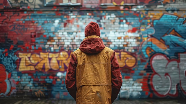 Um homem está em frente a uma parede colorida coberta de graffiti