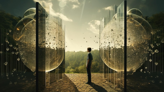 Foto um homem está em frente a uma parede de vidro com vista para o céu e a floresta circundante.