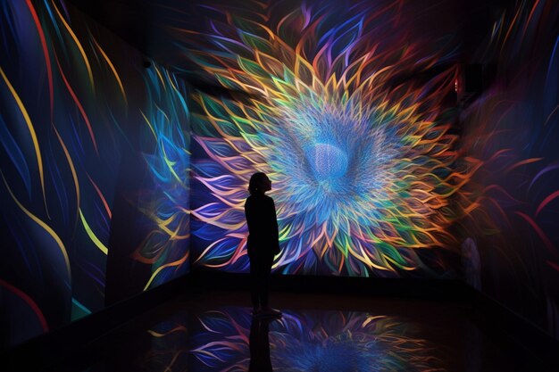 Um homem está em frente a uma parede que tem uma luz colorida que tem um grande círculo de luz sobre ela.