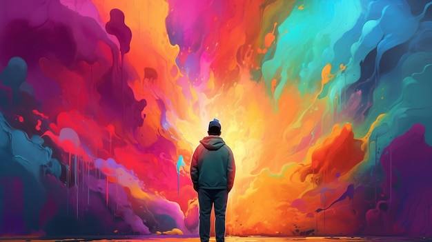 Um homem está em frente a uma pintura de uma parede colorida.