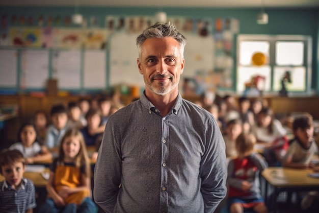 Foto um homem está em frente a uma sala de aula cheia de crianças.