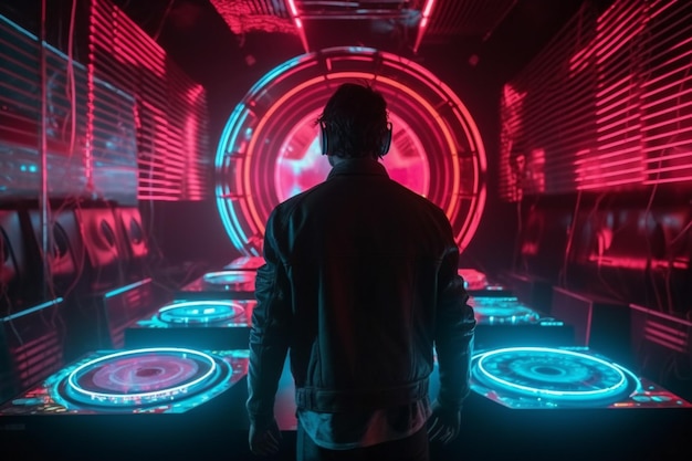 Um homem está em frente a uma tela de laser neon.