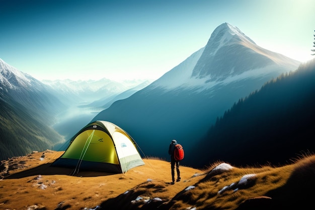 Um homem está em frente a uma tenda em frente a uma montanha.