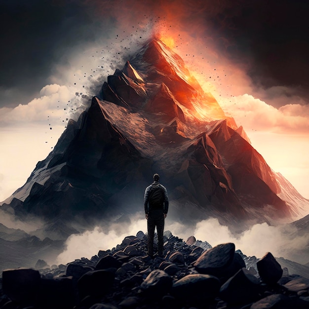 Um homem está em pé sobre uma rocha olhando para uma montanha com uma montanha ao fundo.