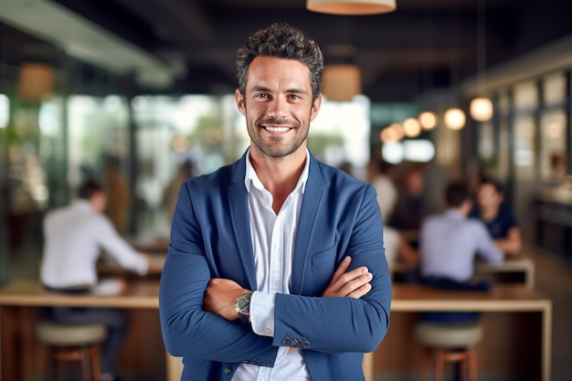 Um homem está em um bar com os braços cruzados.