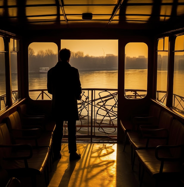 Um homem está em um barco olhando para o pôr do sol.