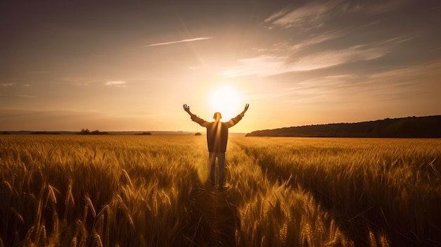 Foto um homem está em um campo com o sol brilhando em seus braços.