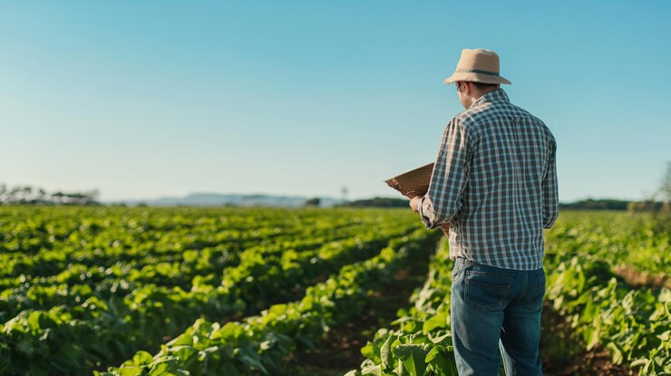Foto um homem está em um campo de feijão verde