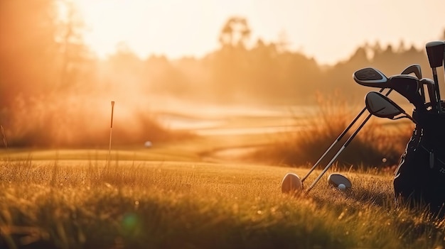 Um homem está em um campo de golfe com um taco de golfe do lado direito.