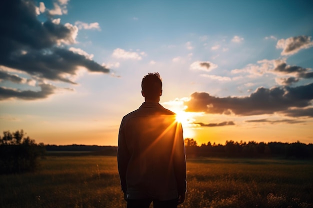 Um homem está em um campo olhando para o sol