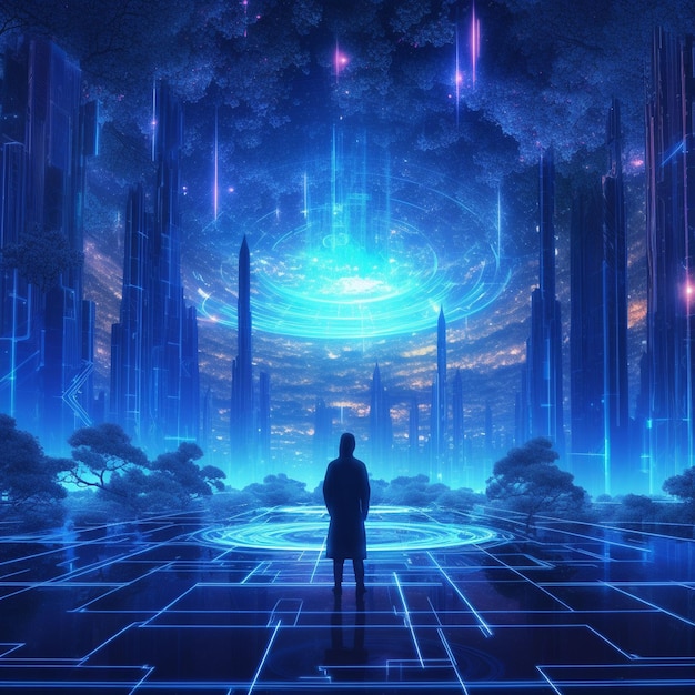 um homem está em um espaço escuro com um fundo azul e roxo com um homem de pé na frente de um céu azul.
