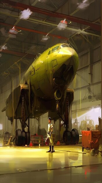 Um homem está em um hangar com um avião ao fundo.