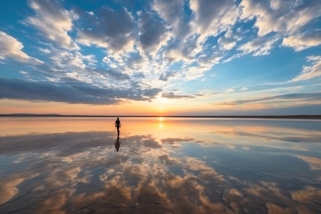 Um homem está em um lago raso ao pôr do sol.