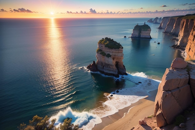 Um homem está em um penhasco com vista para o oceano ao pôr do sol.