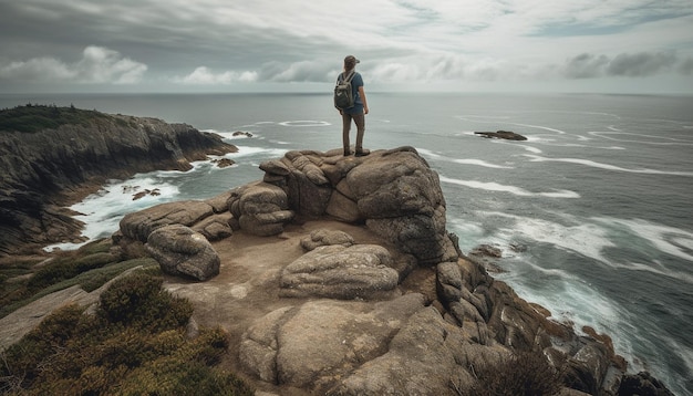 Um homem está em um penhasco com vista para o oceano.