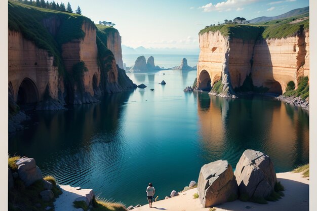 Um homem está em um penhasco em uma baía com o mar e as montanhas ao fundo.