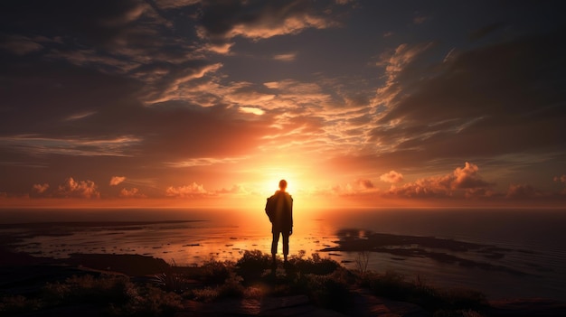 Um homem está em um penhasco olhando o pôr do sol.