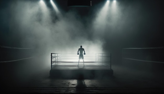 Um homem está em um ringue de boxe com fumaça ao seu redor.