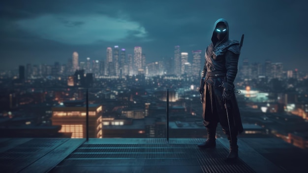 Um homem está em um telhado em uma paisagem urbana escura com uma cidade ao fundo.