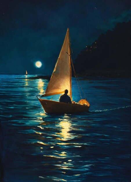 Um homem está em um veleiro à noite ouvindo um audiolivro