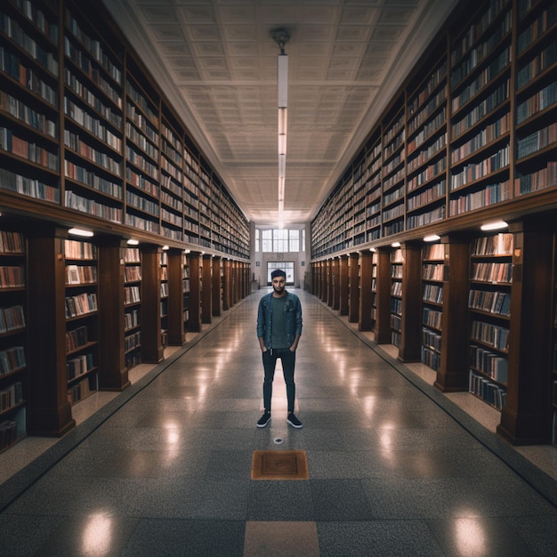 Um homem está em uma biblioteca com livros nas prateleiras.