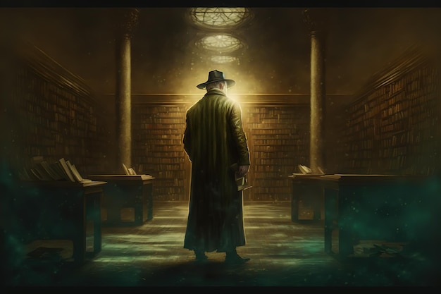Um homem está em uma biblioteca mística