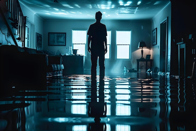 Foto um homem está em uma casa inundada à noite com a água cobrindo o chão ao redor de seus pés conceito desastre inundado casa cena noturna configuração surreal impacto visual