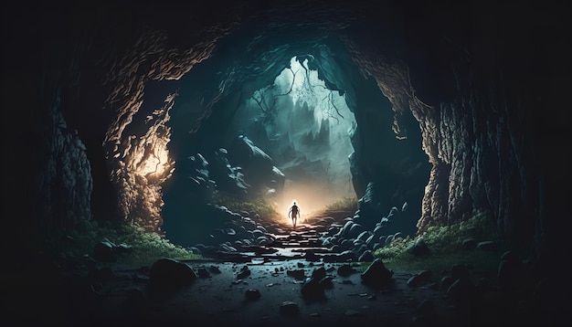 Um homem está em uma caverna com a luz brilhando sobre ele.