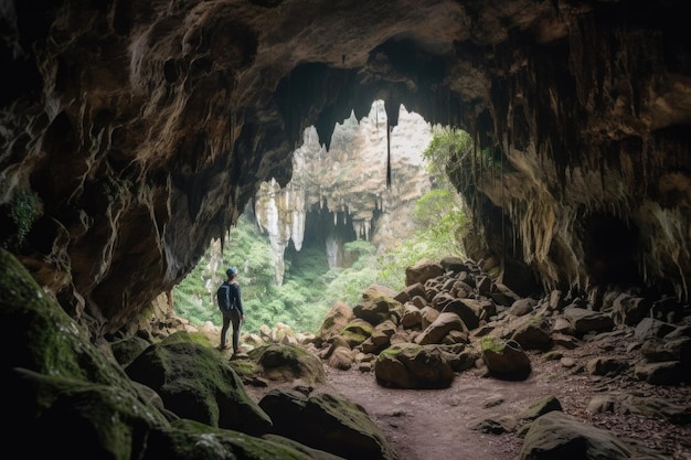 Um homem está em uma caverna com a palavra caverna à esquerda Generative AI