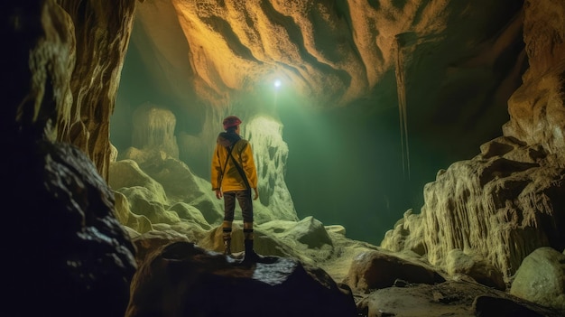 Um homem está em uma caverna olhando para uma luz que está em um poste.