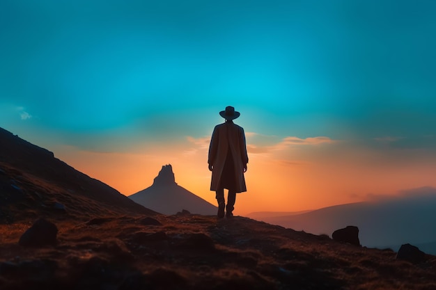 Um homem está em uma colina olhando para o pôr do sol.