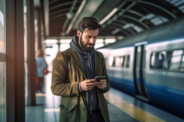 Um homem está em uma estação de trem e olha para seu telefone