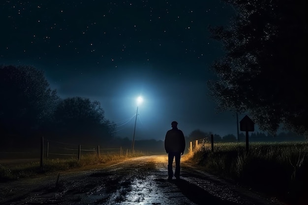 Um homem está em uma estrada no meio de uma noite escura.