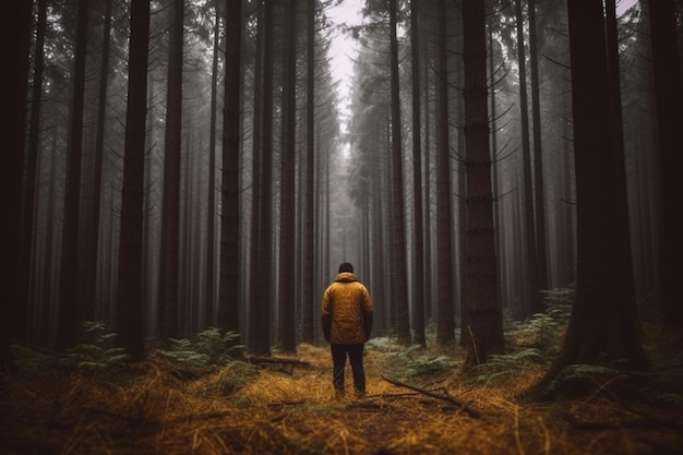 Um homem está em uma floresta com a luz brilhando por entre as árvores.