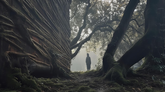 Um homem está em uma floresta com uma árvore à esquerda e um prédio à direita.