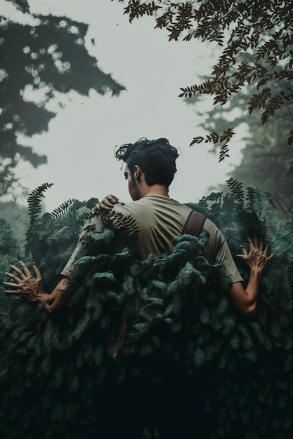 Um homem está em uma floresta com uma cabeça espessa e as palavras 'os mortos' nas costas