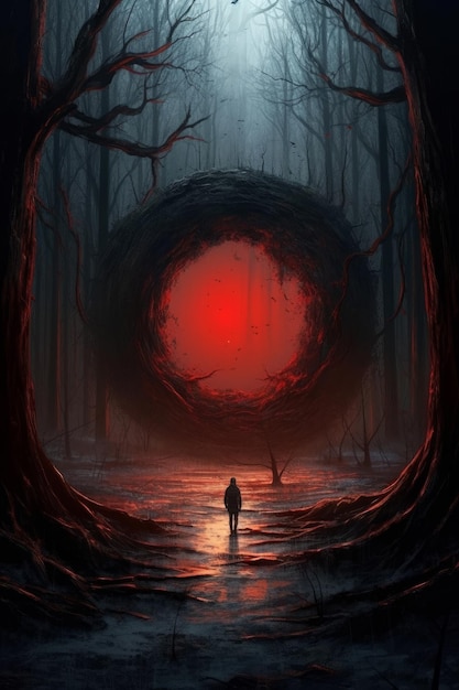 Um homem está em uma floresta escura com um círculo vermelho no meio.