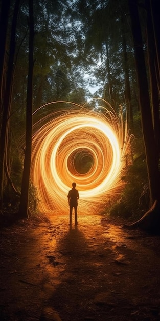 Um homem está em uma floresta escura com uma luz que está brilhando através dela.