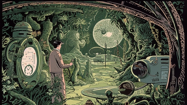 Um homem está em uma floresta verde com uma grande lua ao fundo.