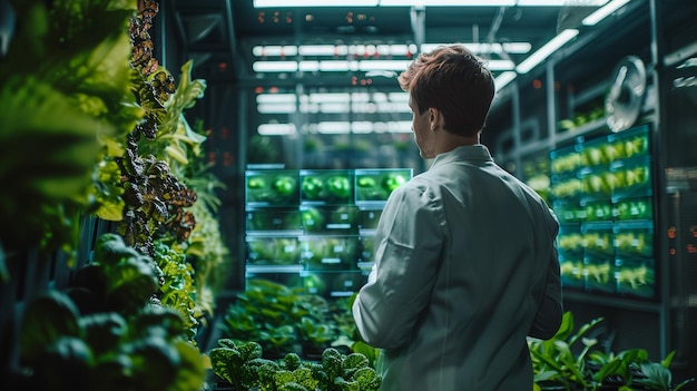 um homem está em uma grande estufa cheia de vegetais