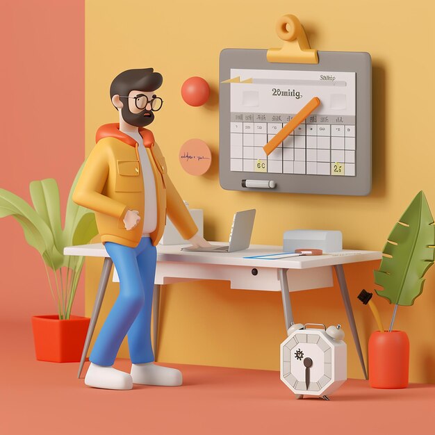 um homem está em uma mesa com um laptop e um calendário nele