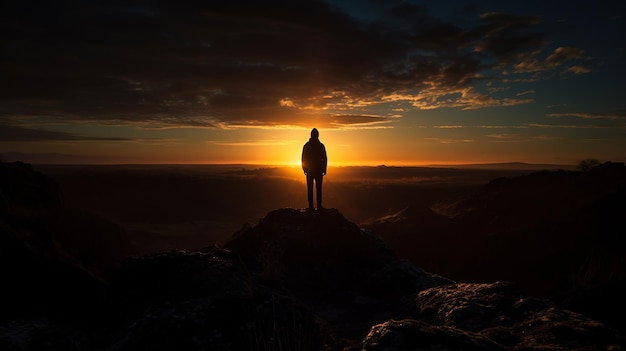 Um homem está em uma montanha ao pôr do sol olhando para o horizonte