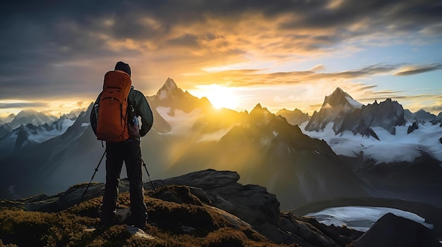 Um homem está em uma montanha com o sol se pondo atrás dele