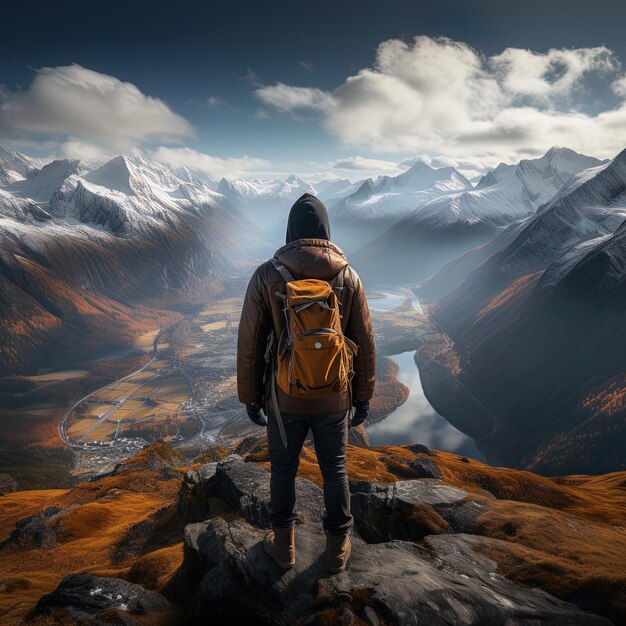 um homem está em uma montanha com uma mochila nas costas