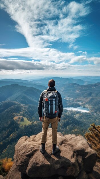 Foto um homem está em uma montanha com vista para um lago e montanhas