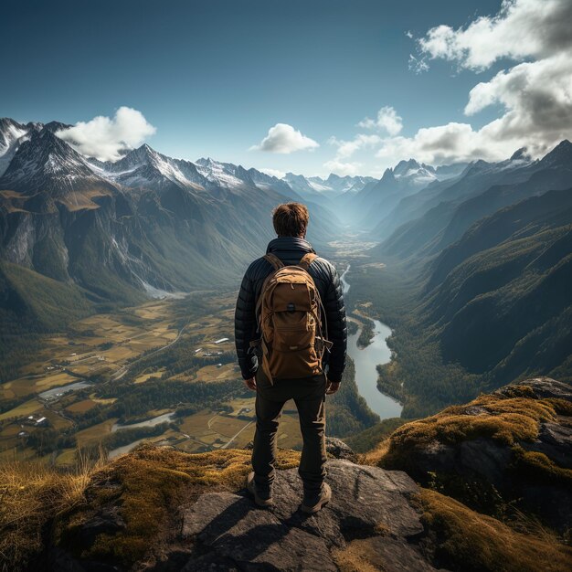 Foto um homem está em uma montanha com vista para um lago e montanhas