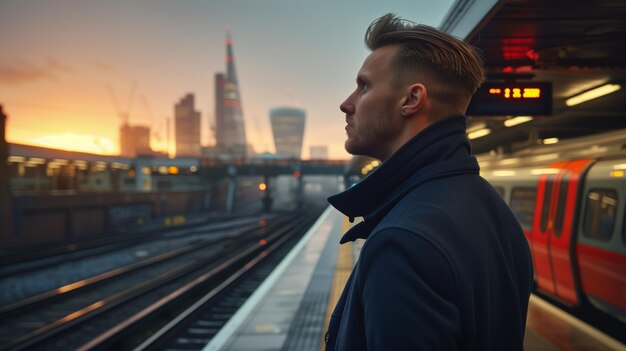 Foto um homem está em uma plataforma de trem olhando para a cidade